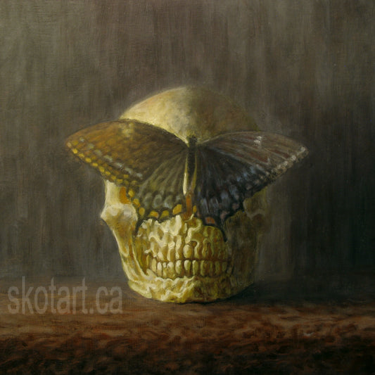 Masquerade skull and blackswallowtail butterfly artwork by skotart.ca