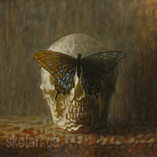 Masquerade Skull and Black Swallowtail Butterfly skotart painting skotmacdougall.com skot.ca